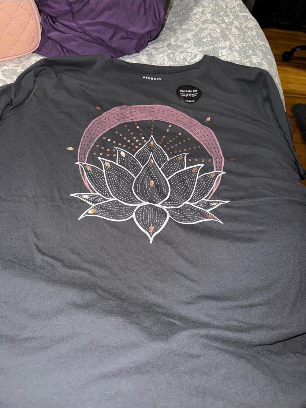 torrid Black Long Sleeve Tee with Lotus Graphic and Purple Accent